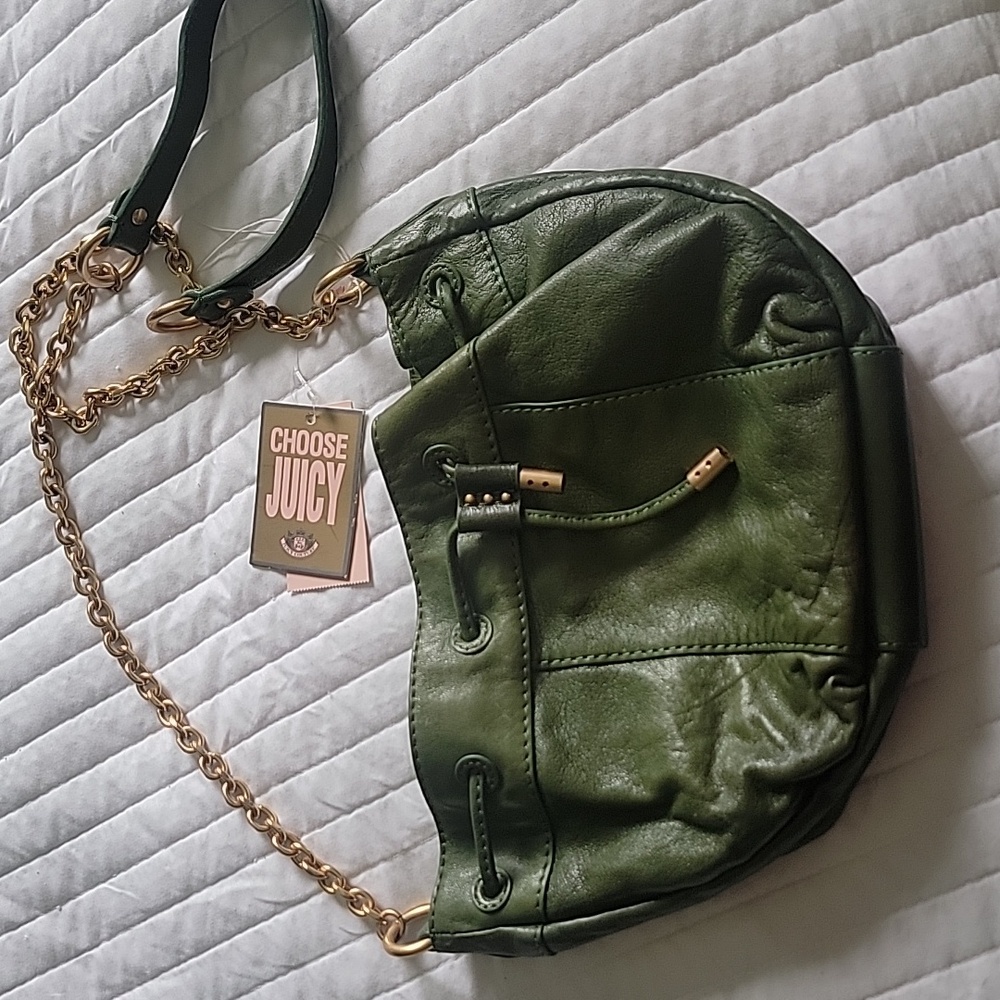 Juicy Couture Green Leather Drawstring Shoulder Bag with Gold tone Hardware NWT